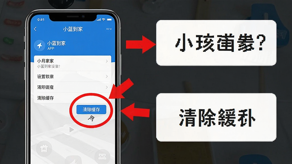 一张分步操作示意图,主体为手机屏幕上的小蓝到家APP设置界面,图中用红色圆圈标注了