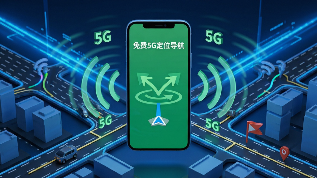 画面主体为一部智能手机悬浮在立体城市路网之上,屏幕中显示“免费5G定位导航”的绿色导航界面,周围有5G信号波纹和定位箭头,背景为抽象蓝色科技光带。布局采用手机居中、路网环绕的透视构图,排版简洁,突出软件名称与导航功能,风格为现代科技感3D渲染,细节包含实时路况线条、目的地旗标,画质高清干净,无多余元素。