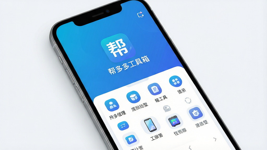 一张现代简约风格的智能手机界面展示图,屏幕中央显示“帮多多工具箱”的logo和主菜单,背景为渐变的科技蓝,布局清晰,图标排列整齐,整体风格干净明亮,画质高清,细节丰富,无多余元素