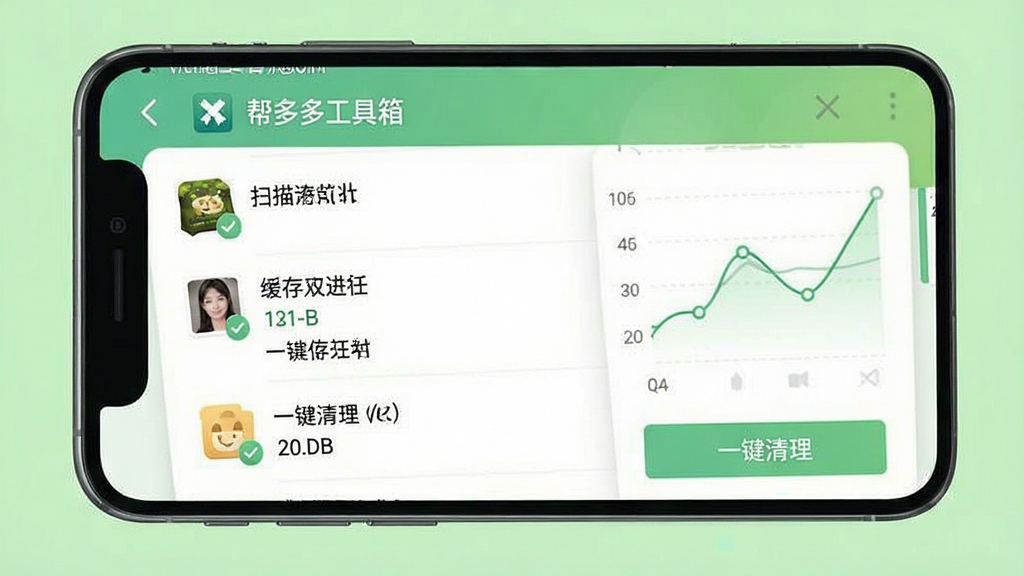 一张手机屏幕截图风格图片,主题为“帮多多工具箱”的垃圾清理界面,显示扫描出的缓存文件列表和“一键清理”按钮,背景为清新的浅绿色,布局直观,数据可视化清晰,风格写实,画质干净,无多余元素