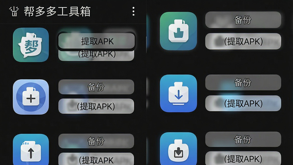 一张手机应用管理界面预览图,显示“帮多多工具箱”中的应用列表,每个应用图标旁有“备份”、“提取APK”按钮,背景为深色模式,图标精致,布局清晰,风格现代,画质细腻,无多余元素