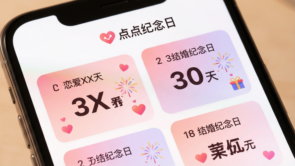 一个温馨的智能手机屏幕特写,屏幕界面显示点点纪念日APP的主页面,上面清晰展示着几个重要的纪念日卡片,如恋爱XX天、结婚纪念日等,卡片背景是柔和渐变色,主色调为温暖的粉色与淡紫色,界面布局简洁大方,数字日期部分采用大号字体突出显示,旁边点缀着爱心和礼花的小图标,画面整体明亮干净,突出软件名称“点点纪念日”的LOGO置于屏幕上方,画质高清,干净,无多余元素