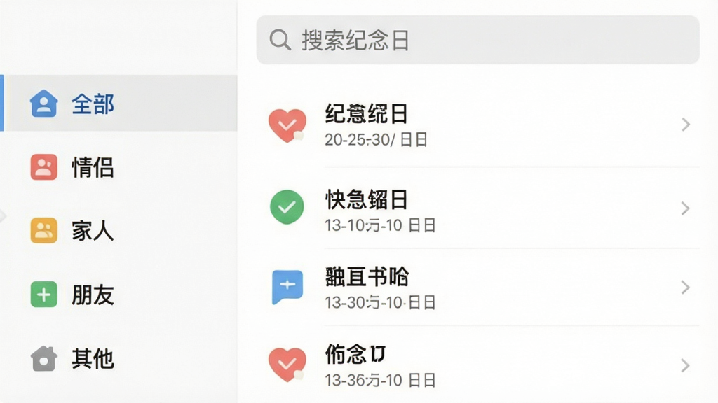点点纪念日APP的分类管理界面,界面左侧为分类侧边栏,包含全部、情侣、家人、朋友、其他等分类标签,右侧则展示对应分类下的纪念日列表,每个条目都带有彩色小图标和日期信息,界面顶部有一个搜索框,内部有灰色提示文字“搜索纪念日”,整体界面设计清晰,层级分明,突出点点纪念日APP的整理功能,画质清楚,干净,无多余元素