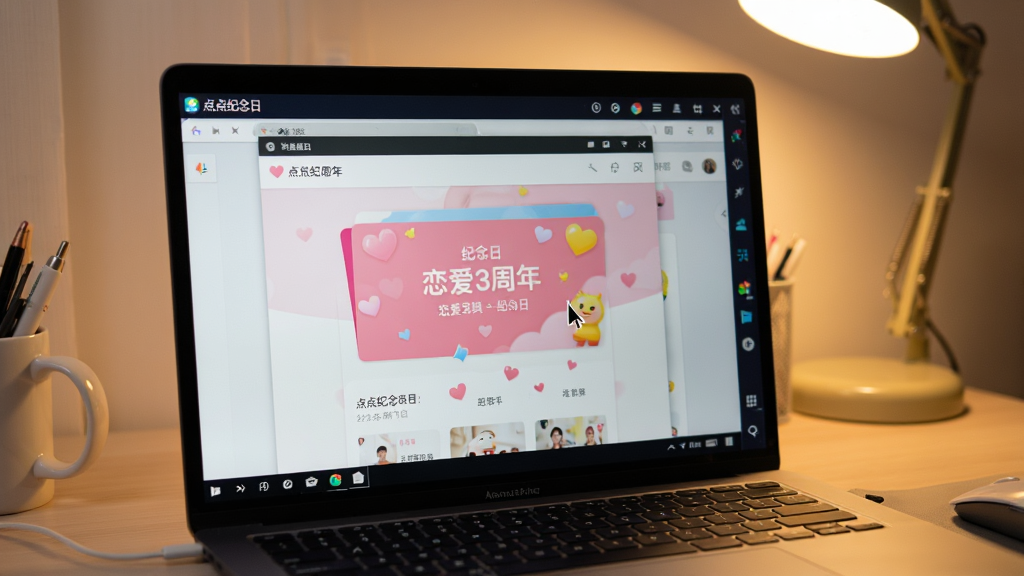 一张展示点点纪念日APP在电脑模拟器中运行的实拍照片,画面中是一台笔记本电脑,屏幕里显示着安卓模拟器的界面,模拟器中正打开点点纪念日APP的首页,页面显示着“恋爱3周年”的纪念日卡片,模拟器窗口周围有鼠标指针,示意正在操作,整体场景为居家办公环境,灯光柔和,画质清晰,干净,无多余元素