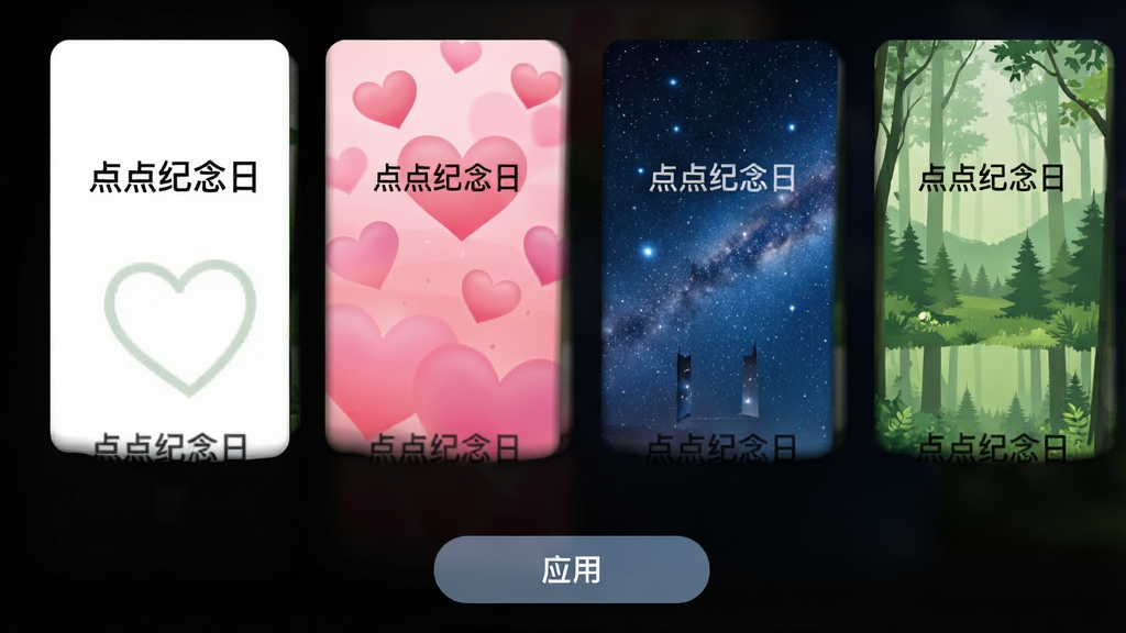 点点纪念日APP的主题选择界面,界面上横向排列着多张不同风格的纪念日卡片缩略图,包括简约白底黑字风格、粉色爱心渐变风格、蓝色星空银河风格以及绿色森林清新风格,每张卡片上都印有“点点纪念日”的水印字样,界面下方有“应用”按钮,整体展示APP的个性化定制功能,布局规整,色彩丰富但不杂乱,画质高清,干净,无多余元素