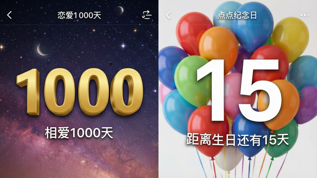 点点纪念日APP的倒数日功能界面截图拼接图,左侧展示一个已经过去1000天的恋爱纪念日页面,背景为浪漫的星空图案,数字“1000”采用金色立体字效,下方标注“相爱1000天”;右侧展示一个距离生日还有15天的倒计时页面,背景为活泼的彩色气球图案,数字“15”采用大号白色字体,下方标注“距离生日还有15天”,两张截图都清晰显示点点纪念日的界面UI,风格统一,画质清晰,干净,无多余元素