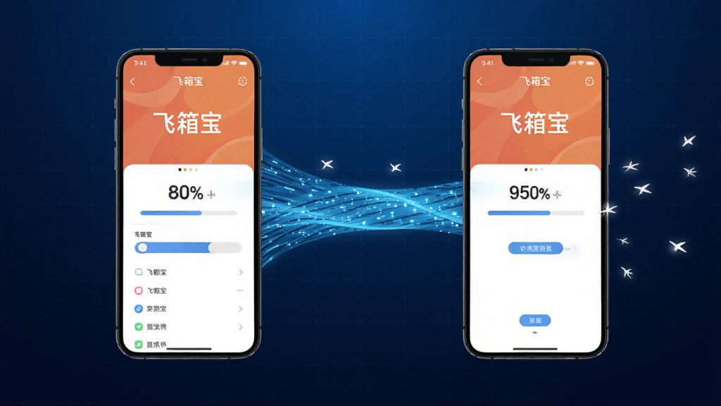画面主体为两部智能手机并排放置,屏幕之间有一条发光的蓝色数据流带,象征高速传输。背景为深蓝色科技感渐变,带有细微的网格线条。布局为左右对称,手机屏幕中显示飞箱宝界面与传输进度百分比。排版突出速度感,细节处有飞翔的白色光点。风格偏向未来科技,画质干净清晰,无多余元素。