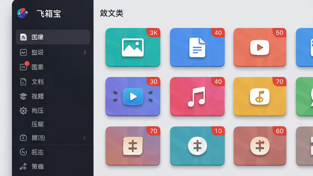 画面主体为飞箱宝应用内文件分类界面,左侧为侧边栏,右侧展示按类型排列的彩色卡片图标,包括图片、文档、视频、音乐、压缩包等。布局为列表式,每张卡片有微小的阴影立体感。背景为浅灰色,排版清晰整齐,细节处有红色角标提示数量。风格简约商务,画质干净明亮。