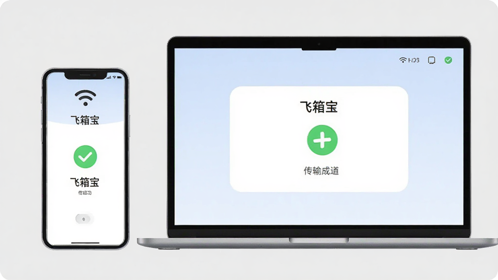 画面主体为一部手机与一台笔记本电脑并排放置,屏幕中显示出飞箱宝传输成功界面,带有对勾图标。背景为纯色浅灰,布局整齐,细节处有Wi-Fi信号图标。风格简洁明快,画质干净,无多余元素。