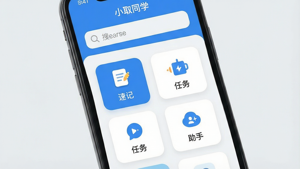 一幅展示智能手机屏幕的图片,屏幕中央显示“小取同学”应用的主界面,界面设计简洁现代,以蓝白为主色调,顶部有搜索栏,下方排列着几个圆角矩形的功能图标,包括“速记”、“任务”、“助手”等,背景为干净的浅灰色,整体布局清晰,画质干净,无多余元素,风格为扁平化UI设计,细节精致。