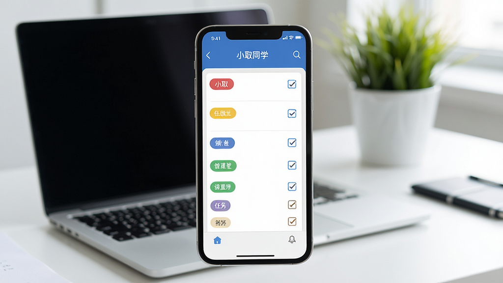 一张展示“小取同学”应用任务管理界面的图片,手机屏幕中显示一个任务列表,包含不同的颜色标签和勾选框,背景为整洁的办公桌面,有笔记本电脑和绿植,整体风格简约商务,光线充足,画质干净,细节清晰,突出任务管理功能,无多余元素。
