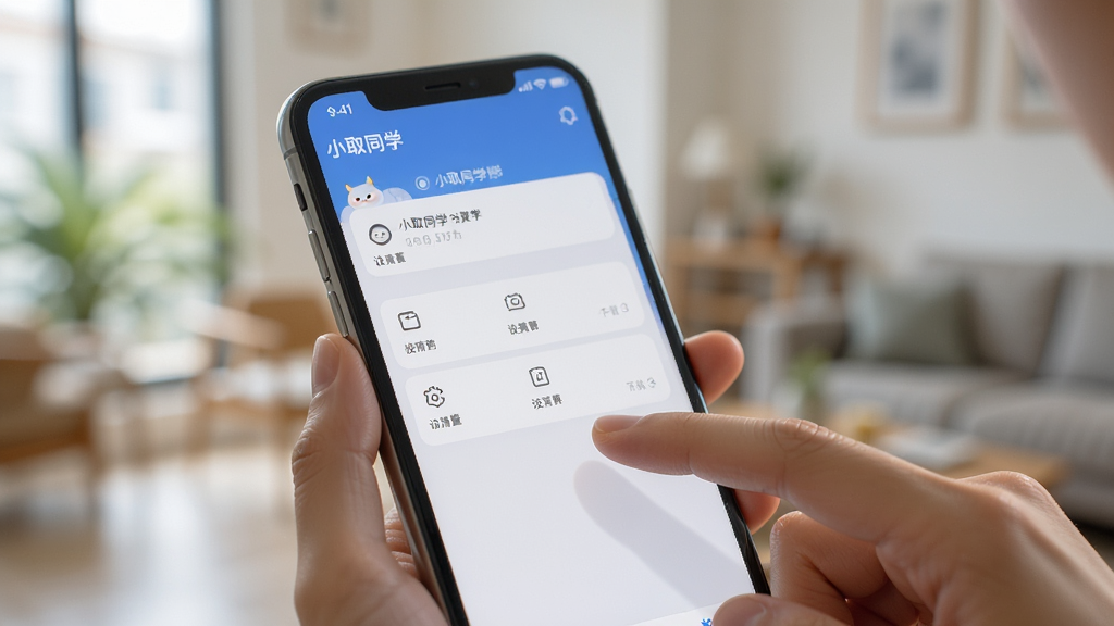 一张展示用户在手机上操作“小取同学”应用的图片,手指正在点击屏幕上的设置按钮,背景为模糊的室内环境,突出手机屏幕上的应用界面,画质清晰,干净无多余元素,风格写实。