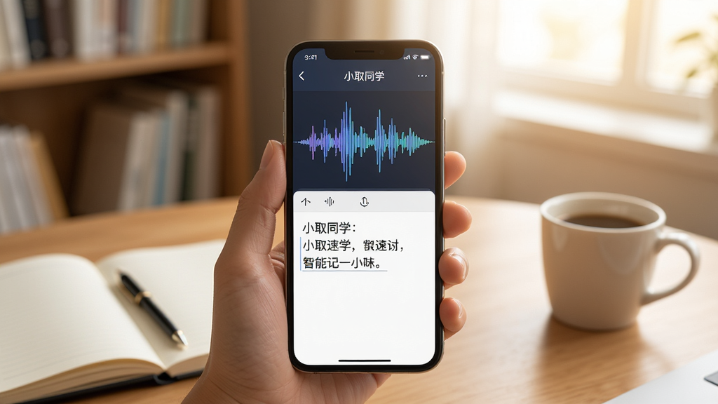 一张展示“小取同学”应用智能速记功能的场景图,画面中一只手拿着手机,屏幕显示语音波形图与实时转换出的文字,背景是一个安静的书房,桌上放着笔记本和咖啡杯,整体色调温暖明亮,画质清晰,构图以手机为中心,突出功能界面,细节丰富,干净无多余元素。
