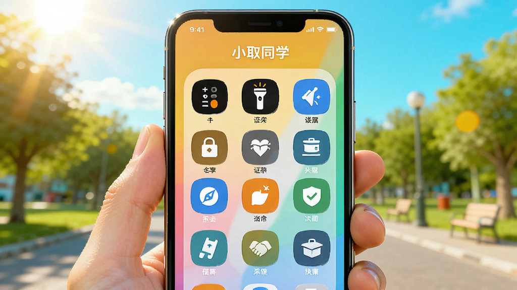 一张展示“小取同学”快捷助手功能的图片,手机屏幕显示一个网格状的工具图标集合,包括计算器、手电筒、汇率等,背景为户外场景,阳光明媚,画面色彩鲜艳,构图以手机为主,清晰展示每个图标,画质干净,无多余元素,风格活泼现代。