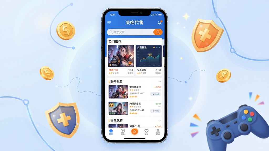 主体:凌绝代售APP界面展示,手机屏幕中显示游戏账号交易平台的主页,包含热门游戏推荐、账号租赁列表、交易数据看板。布局:手机居中,屏幕内容清晰可见,周围有金币、盾牌、游戏手柄等元素点缀。排版:界面采用列表式布局,上方搜索栏,中部卡片式推荐,底部导航栏。风格:现代扁平化,科技蓝为主色调,搭配活力橙点缀。细节:手机屏幕中显示“凌绝代售”品牌字样,交易数据图表清晰,背景有柔光效果。画质:高清渲染,干净,无多余元素。