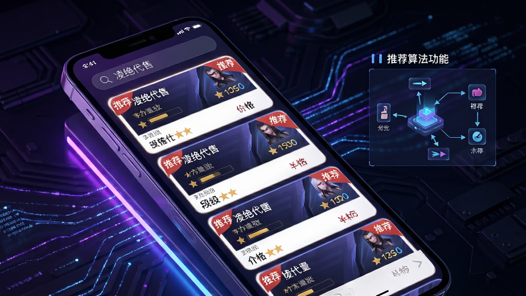 主体:凌绝代售智能推荐功能展示,画面中央是一个手机界面,屏幕上有多个游戏账号卡片,每张卡片显示游戏名称、段位、价格。布局:手机斜放,屏幕朝向观众,卡片呈瀑布流排列,右侧有推荐算法示意图。排版:卡片式布局,错落有致,背景为深色科技感。风格:科技感,紫色与蓝色灯光效果。细节:卡片上标有“推荐”角标,顶部有“凌绝代售”搜索栏,背景有数据流线条。画质:高清渲染,干净,无多余元素。