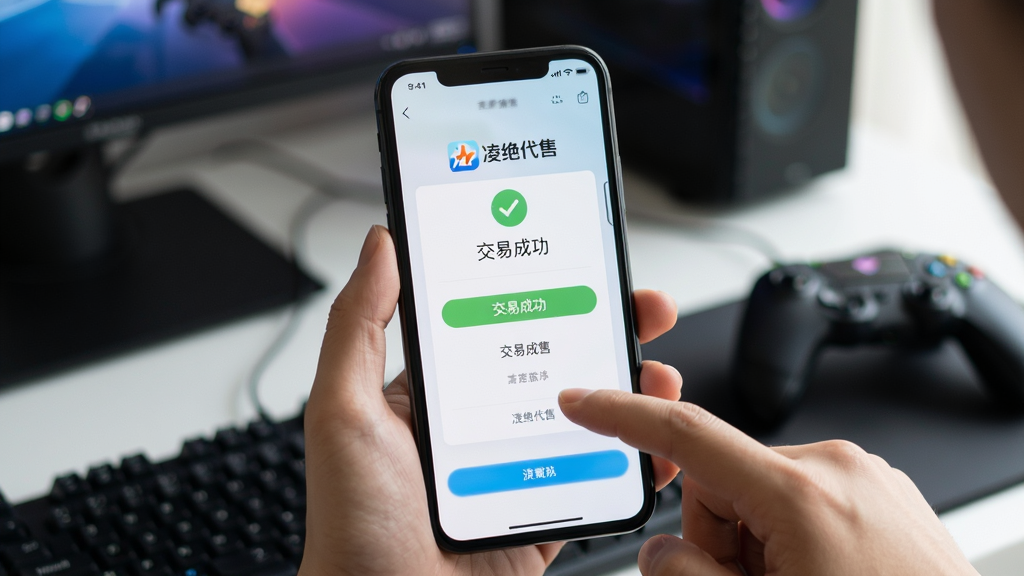 主体:凌绝代售使用场景图,画面展示用户手机操作应用,另一只手点击屏幕。布局:手机特写,屏幕显示交易成功页面,背景为模糊的电脑和游戏手柄。排版:居中构图,手机屏幕光线明亮。风格:写实摄影风格,自然光线。细节:屏幕上有“交易成功”字样和“凌绝代售”logo,背景虚化。画质:高清,干净,无多余元素。