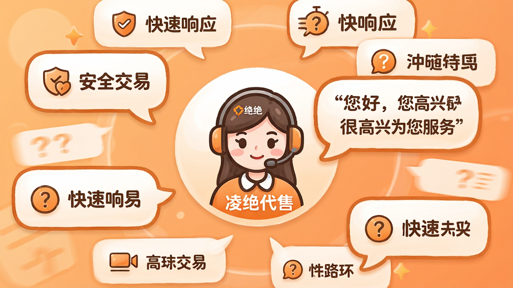 主体:凌绝代售客服支持场景,画面中有一个客服人员头像图标,旁边有对话气泡,气泡内显示“您好,很高兴为您服务”。布局:中央是客服图标,周围环绕多个对话气泡,气泡内有不同问题图标。排版:对话式布局,气泡错落有致,背景为暖色调。风格:温馨亲和,橙色与白色搭配。细节:客服图标上有“凌绝代售”标志,气泡内有“安全交易”、“快速响应”等字样。画质:卡通风格,干净,无多余元素。
