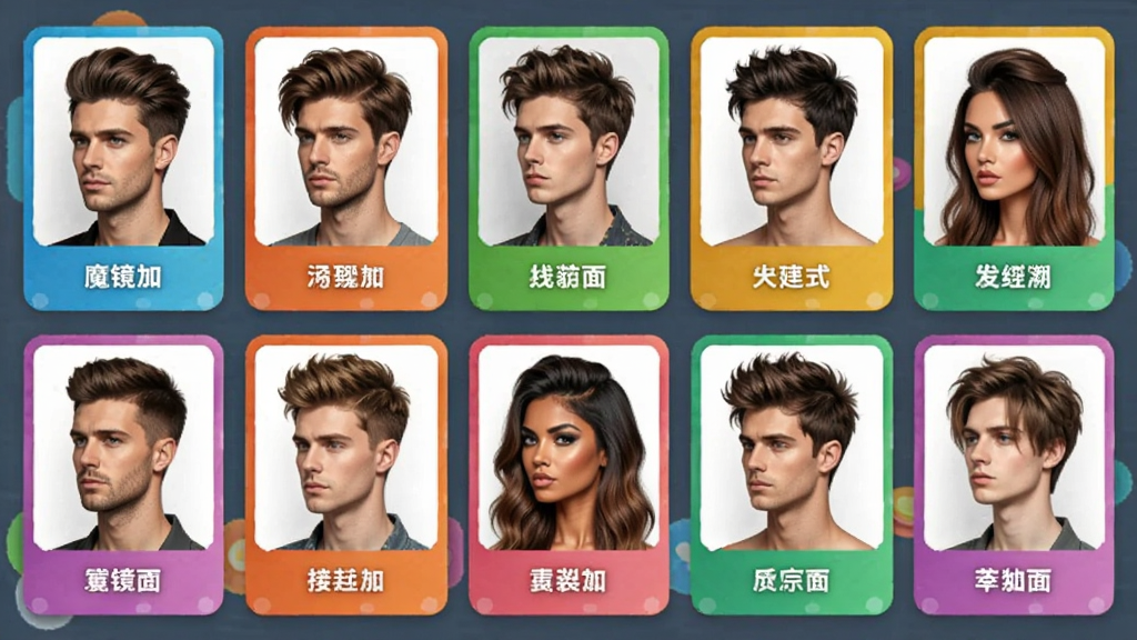 魔镜发型设计系统发型库界面,展示多款男女发型缩略图排列成网格,每款发型下方标注名称,界面采用卡片式布局,色彩明快,画质清晰,无多余元素