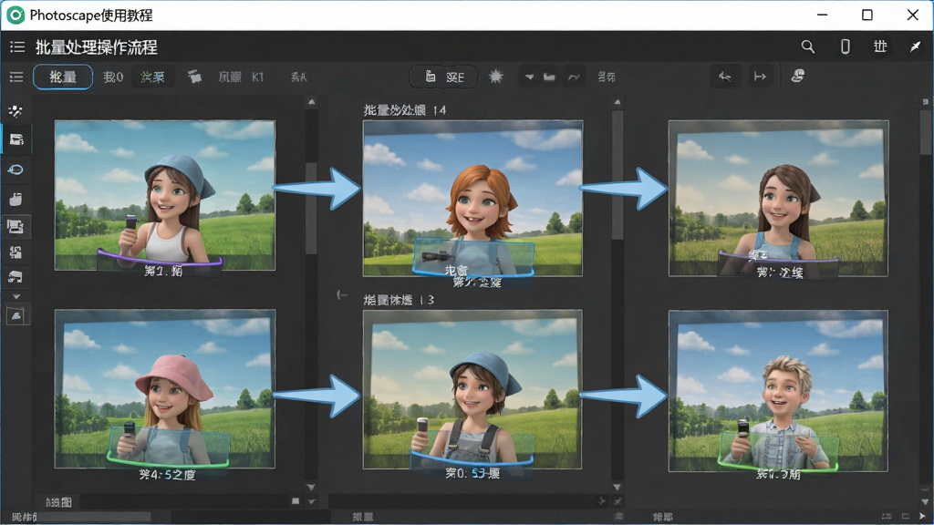 Photoscape使用教程步骤图,展示批量处理操作流程,界面清晰,步骤标注,高清画质,无多余元素
