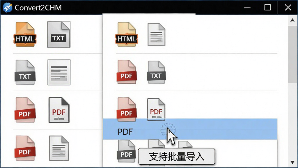 主体:Convert2CHM软件中格式选择菜单展开,展示HTML、TXT、PDF等多种文件格式图标。布局:菜单列表垂直排列,每个格式图标旁有对应文件缩略图。排版:清晰有序,选中的格式高亮。风格:简洁商务。细节:鼠标指针悬停在“PDF”选项上,底部提示“支持批量导入”。画质:高清,干净,无多余元素。