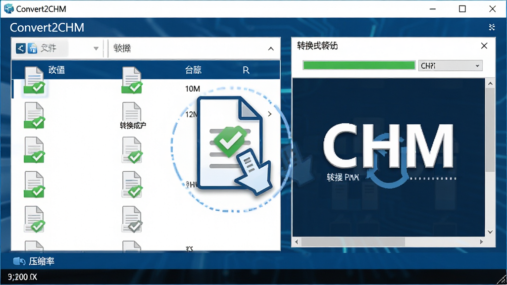 主体:一台现代电脑屏幕中显示Convert2CHM软件主界面,界面中有文档拖拽转换的动效。布局:左侧为源文件列表,右侧为转换进度与CHM预览窗口,整体采用深蓝与白色科技风。排版:界面元素整齐排列,功能图标清晰,标题栏显示“Convert2CHM”字样。风格:扁平化设计,色彩明快。细节:文件图标带有绿色对勾表示转换成功,底部显示压缩率。画质:高清,干净,无多余元素。