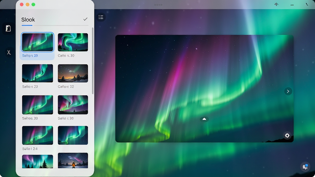 Animated Screen 动态壁纸软件主界面展示,背景为绚丽流动的极光效果,界面简洁现代,左侧为壁纸库列表,右侧为预览窗口,整体布局清晰,色彩鲜艳,画质细腻,干净无多余元素。