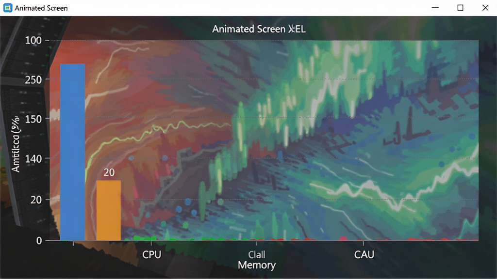 Animated Screen 软件运行时的资源占用柱状图,显示CPU和内存占用率极低,背景为动态壁纸运行效果,图表清晰,数据直观,风格简洁,无多余元素。