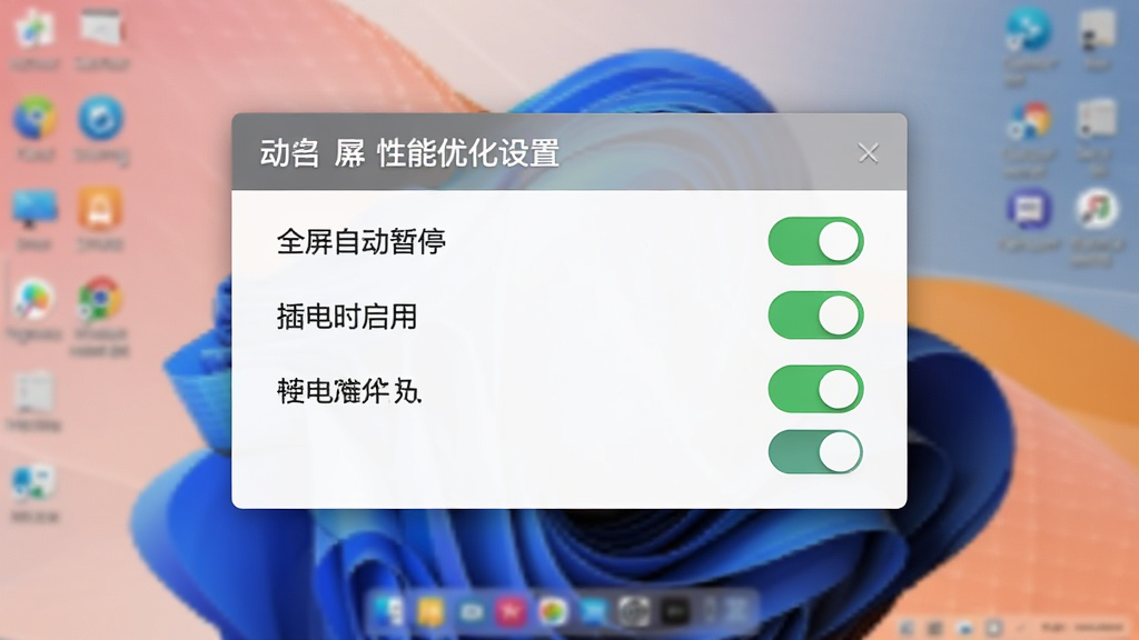 Animated Screen 性能优化设置面板,显示“全屏自动暂停”、“插电时启用”等开关选项,界面简洁,开关状态直观,背景为桌面壁纸运行效果,画质清晰,风格专业,无多余元素。