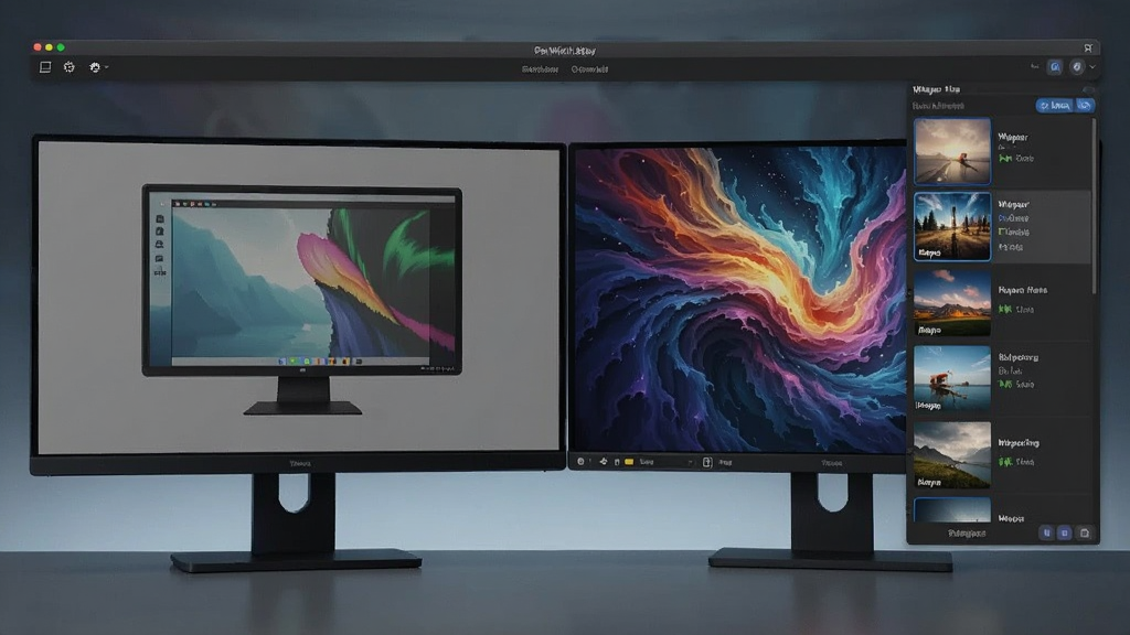 Animated Screen 多显示器设置界面,显示两台显示器上分别展示不同的动态壁纸,界面有显示器布局示意图和壁纸选择列表,布局清晰,画质细腻,风格现代,无多余元素。