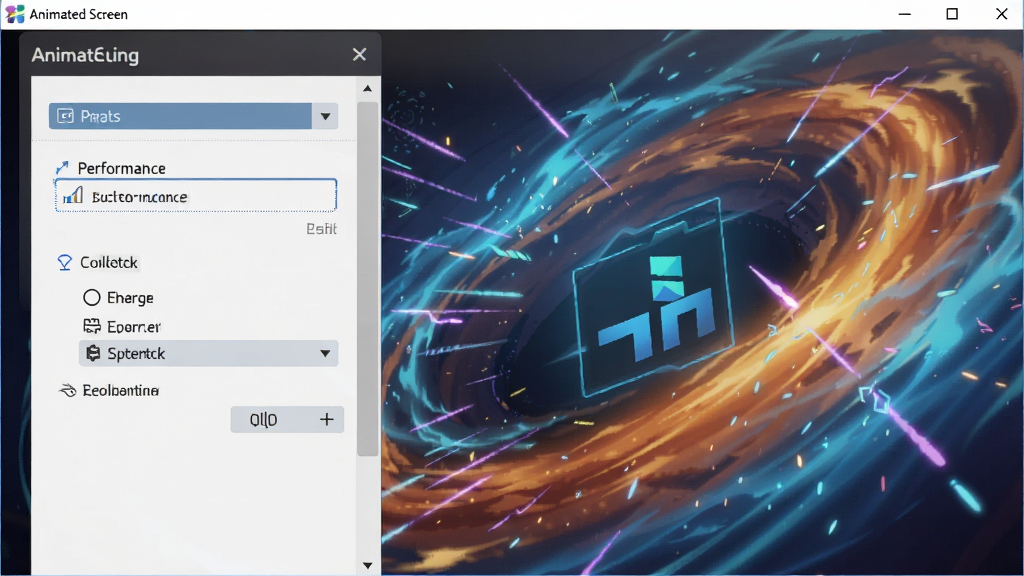 Animated Screen 软件设置界面,用户正在调整性能选项,背景为动态壁纸运行效果,界面清晰,选项明确,画质细腻,无多余元素。