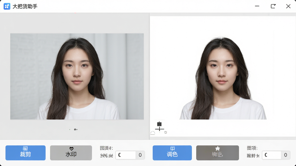 一张展示图片批量处理功能的界面图,主体为“大把货助手”软件中的图片编辑窗口,左侧为原图,右侧为处理后的白底图,下方有裁剪、水印、调色等工具按钮,布局左右对称,排版直观,风格清爽,细节包括对比效果和参数设置,画质干净,无多余元素
