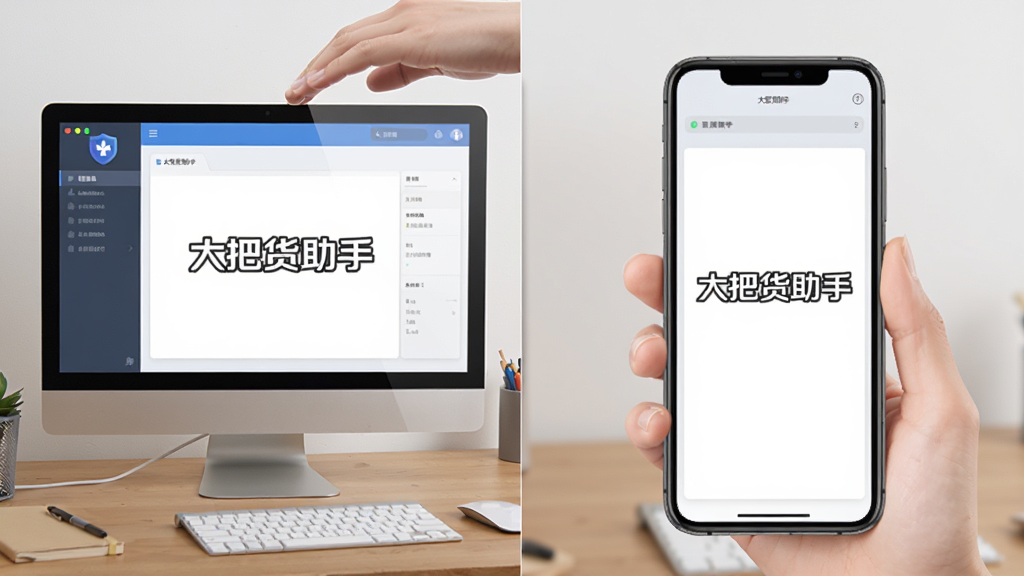一张展示软件运行环境与设备适配的插图,主体为“大把货助手”同时显示在电脑屏幕和手机屏幕上,背景为桌面和手掌,布局左右分屏,排版和谐,风格写实,细节包括两端的界面元素,画质清晰,干净无多余元素