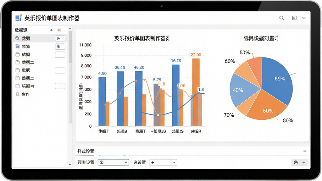 主体:英乐报价单图表制作器的图表生成界面,中央显示一个由报价数据生成的柱状图和饼图。布局:左侧为数据源列表,右侧为图表预览区,下方为样式设置选项。排版:图表比例协调,坐标轴标签清晰,颜色搭配柔和。风格:专业商务,白色背景,图表以蓝色和橙色为主。细节:柱状图顶部显示具体数值,饼图带有百分比标签。画质:高清,干净,无多余元素。