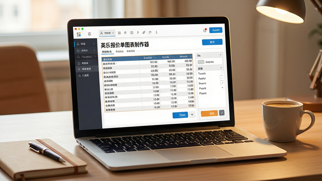 主体:一台笔记本电脑上运行英乐报价单图表制作器,屏幕显示报价单编辑界面,旁边放着一杯咖啡。布局:电脑位于画面中央,背景是简洁的办公桌,桌上有笔记本和笔。排版:电脑屏幕内容清晰可见,界面中的表格和按钮细节丰富。风格:生活化,暖色调,舒适氛围。细节:屏幕中报价单上显示“英乐报价单图表制作器”标题,数据行清晰。画质:高清,干净,无多余元素。