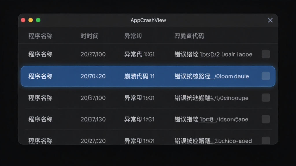 ͼƬ����չʾAppCrashView�����棬��ɫ�������������Ա�����ʽ�г�����������¼��ÿ�а����������ơ�����ʱ�䡢�쳣���롢����ģ��·����������ʾ����һ�У������������������пƼ��У����ʸɾ��޶���Ԫ��