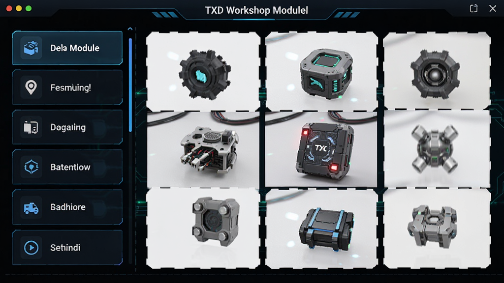 展示TXD Workshop模块化功能切换的界面,左侧是功能模块列表,右侧显示不同模块切换时的动态效果,界面设计科技感强,色彩搭配协调,画质清晰,无多余元素