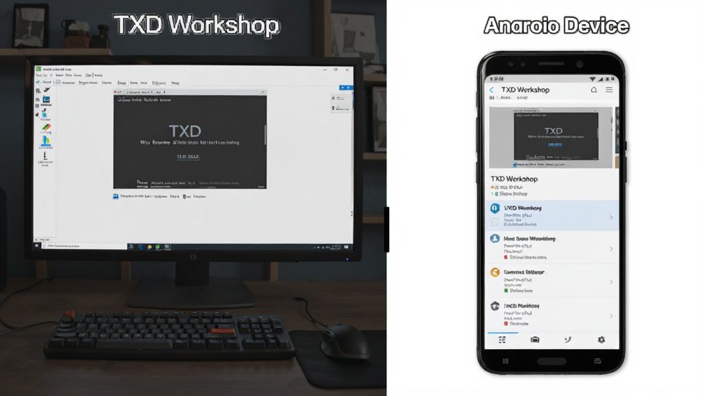一张展示TXD Workshop在Windows和安卓设备上运行的对比图,左侧是电脑端界面,右侧是手机端界面,界面内容相同,布局自适应,风格统一,画质干净