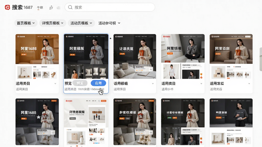 主体:阿里1688全屏装修代码助手的模板中心页面,展示多套全屏装修模板缩略图。布局:模板以网格形式排列,每张缩略图下方显示模板名称和适用类目。排版:页面顶部有搜索框和分类筛选标签,如“首页模板”“详情页模板”“活动页模板”。风格:简洁大气,缩略图清晰。细节:其中一套模板被鼠标悬停,显示“预览”和“应用”按钮。画质:高清,干净,无多余元素。