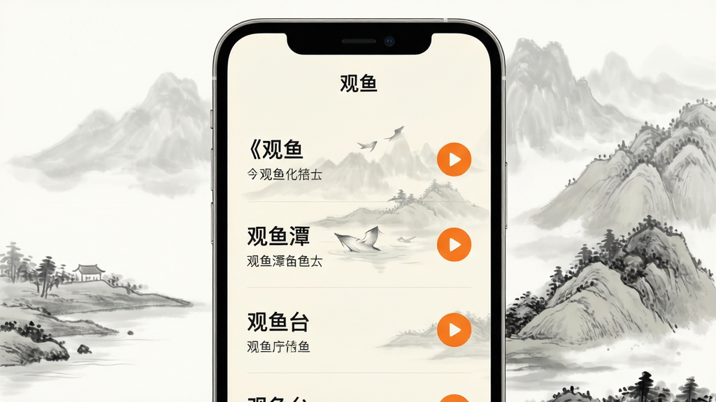 ���壺�ֻ���Ļչʾ�����㡱Ӧ��ʫ���б����棬����Ϊˮīɽˮ���б�����ʾ�����㡷������̶��������̨����ʫ���������в��Ű�ťͼ�ꡣ���֣��ֻ����У���Ļ���������ɼ�����Χ���ס��Ű棺�б�ʽ���֣�ÿ��һ��ʫ�������ߡ���񣺼���ִ���ˮīԪ�ؽ�ϣ��������װ�ɫΪ����ϸ�ڣ����Ű�ťΪ��ɫ��ʫ����������������ɽˮ�������֡����ʣ����壬�ɾ��޶���Ԫ�ء�