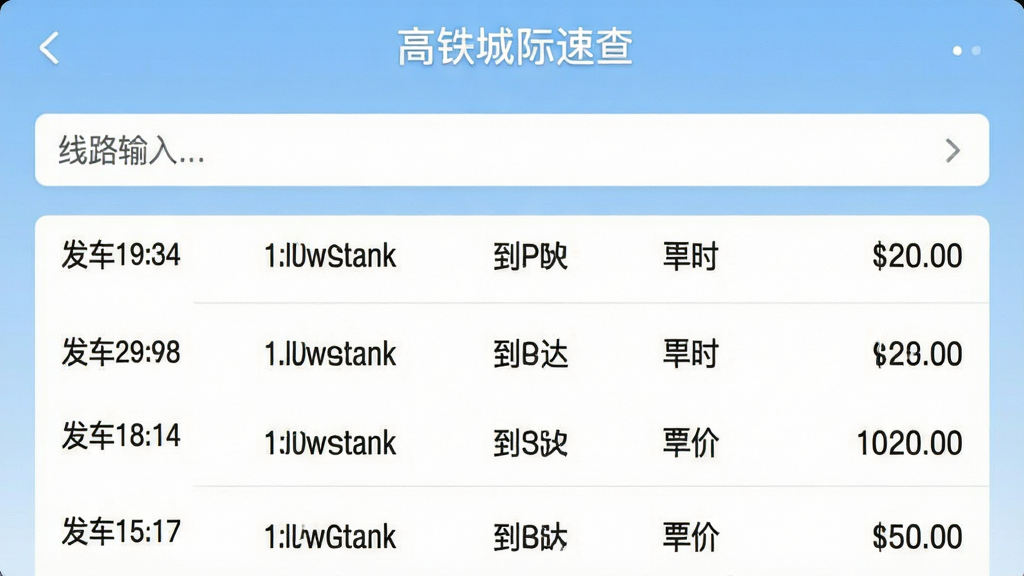 一张展示高铁城际速查软件主界面的高清截图,界面顶部显示“高铁城际速查”字样,中间为线路查询输入框,下方清晰列出多趟城际列车班次信息,包括发车时间、到达时间、历时和票价,背景为浅蓝色渐变,整体风格简约现代,画质干净,无多余元素