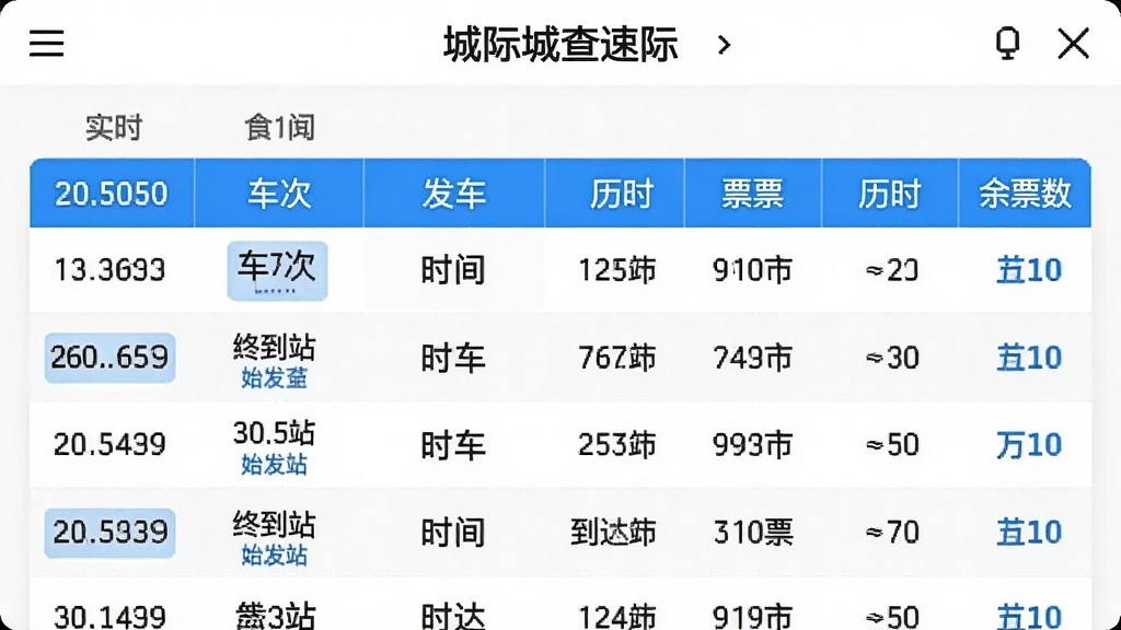 高铁城际速查软件界面展示实时列车时刻表,表格中清晰标注车次号、始发站、终到站、发车时间、到达时间、历时和余票数量,界面采用白底黑字,重点信息用蓝色高亮,画质清晰,风格简洁直观,无多余元素