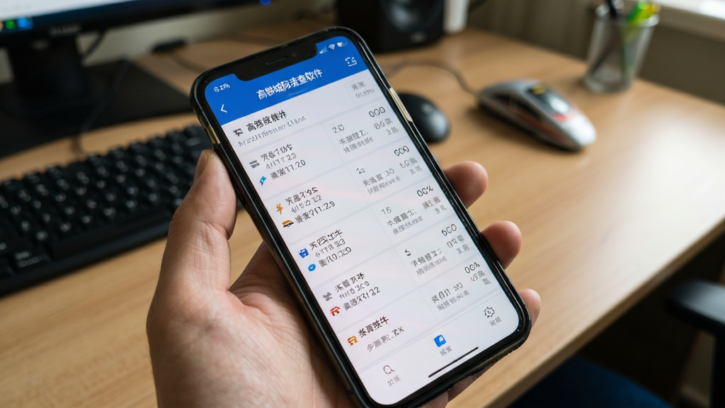 高铁城际速查软件运行在手机上的实拍照片,手机屏幕清晰显示车次列表,背景为桌面,画质清晰,风格真实,无多余元素