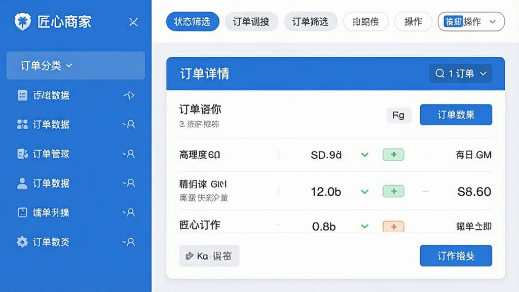 一张“匠心商家”订单管理界面截图风格图片,界面左侧为订单分类列表,右侧为订单详情卡片,顶部有状态筛选标签,整体布局清晰,配色以蓝色和白色为主,画质干净,突出订单数据与操作按钮,无多余元素