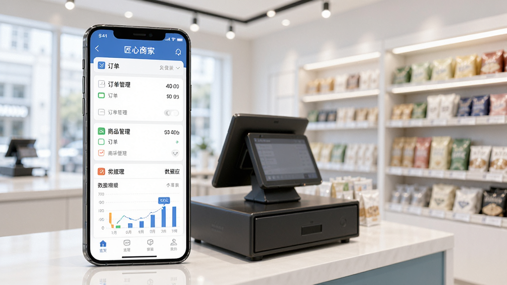 一幅展示智能手机屏幕中运行“匠心商家”应用界面的高清图片,界面包含订单列表、商品管理、数据图表等模块,手机旁边放有收银台和商品货架,背景为明亮的现代商铺环境,整体风格干净专业,画质清晰,无多余元素