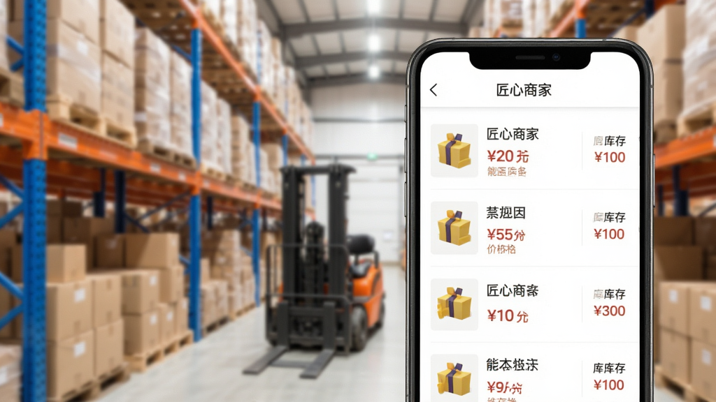 展示“匠心商家”商品管理功能的图片,画面为手机界面中商品列表,每个商品显示缩略图、名称、价格和库存数字,背景有模糊的仓库货架,整体风格简洁明亮,突出商品信息与库存状态,画质清晰,无多余元素