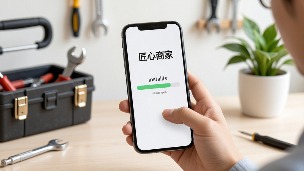 一幅展示用户正在手机上安装“匠心商家”应用的场景图,手机屏幕显示安装进度条,周围有工具箱和绿植,背景为简洁的工作台,整体风格干净明亮,突出安装操作,画质清晰,无多余元素
