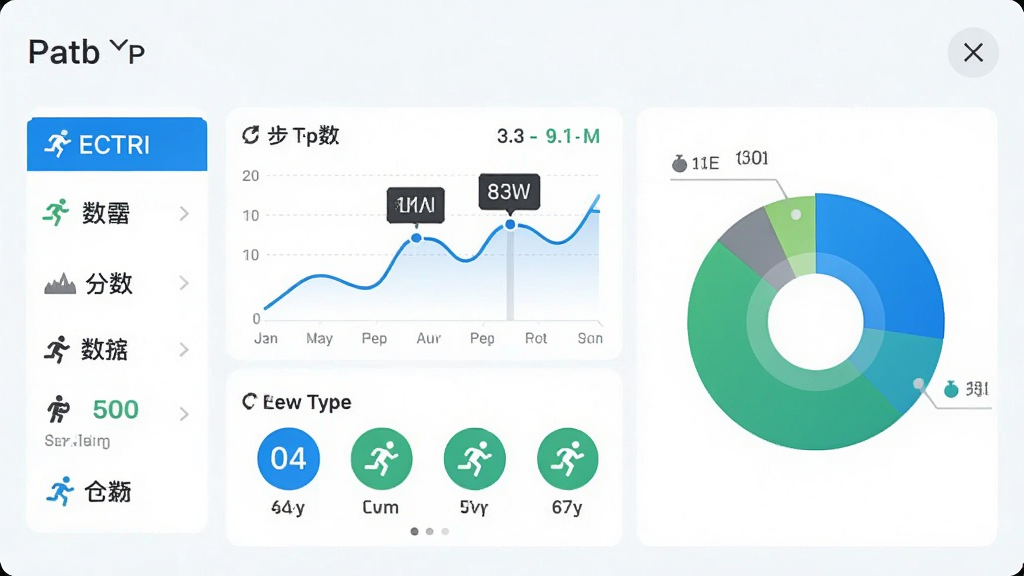ECTRI智能数据追踪功能预览图,主体为运动数据统计界面,展示步数折线图与运动类型图标,布局左侧为数据列表右侧为饼状图,排版简洁直观,风格清新淡雅,细节包含蓝色高亮数字与绿色运动标识,画质干净,无多余元素