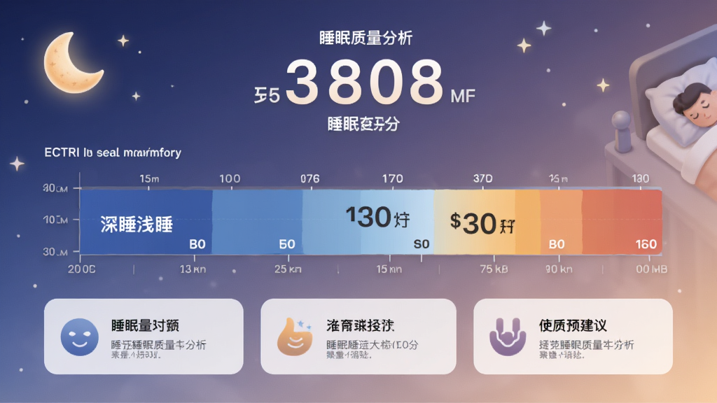 ECTRI睡眠质量分析功能预览图,主体为睡眠阶段时间轴图表,展示深睡浅睡颜色分区,布局上方为睡眠评分大数字,下方为建议卡片,排版层次分明,风格柔和温馨,细节包含月亮图标与渐变背景,画质高清,无多余元素
