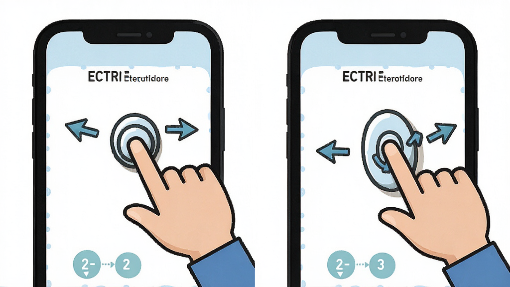 ECTRI使用指南配图,主体为手机操作手势示意图,展示点击与滑动动作,布局分为左右两屏对比,排版清晰易懂,风格简洁卡通,细节包含箭头标注与步骤数字,画质干净,无多余元素